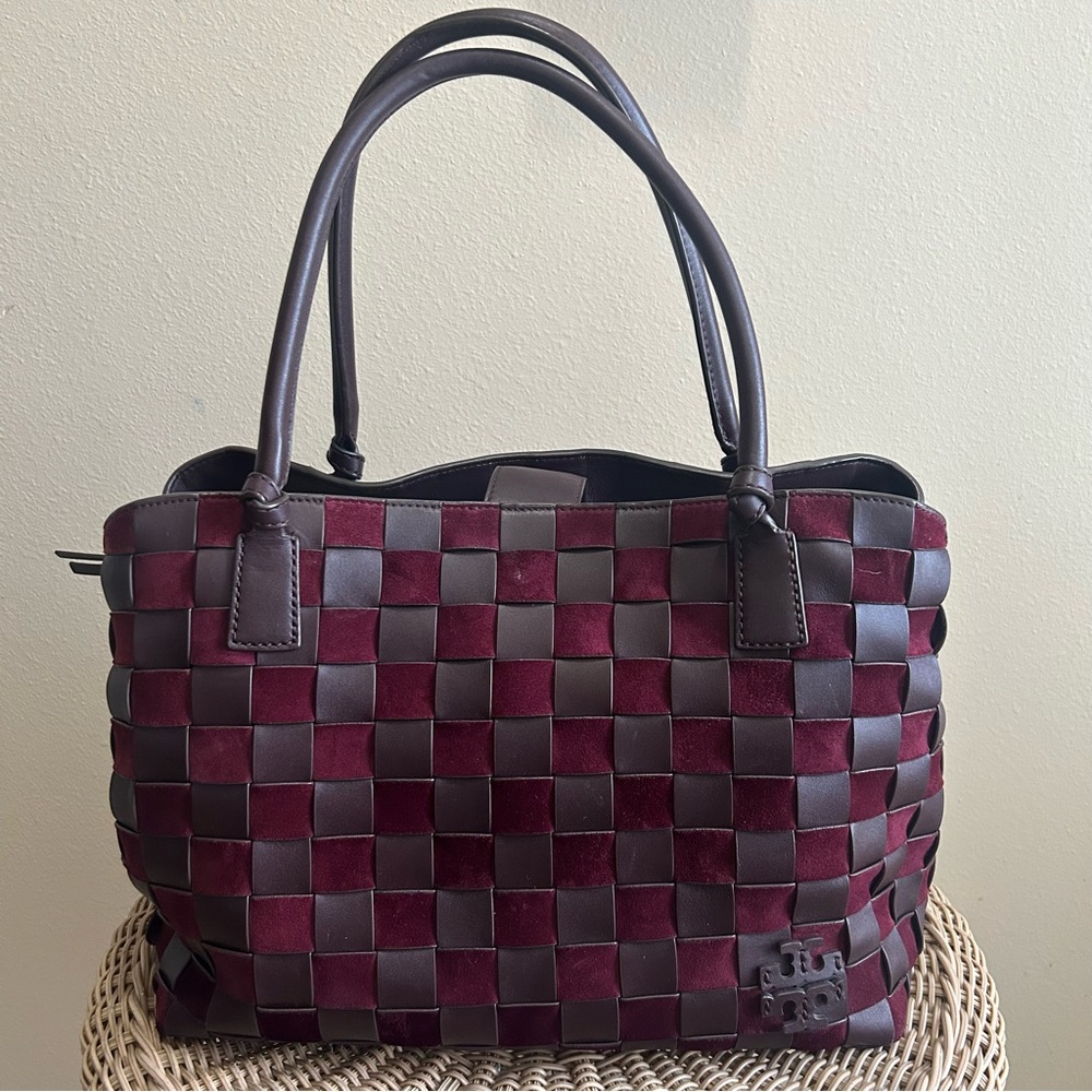 Tory Burch Burgundy and Brown Checkered Satchel